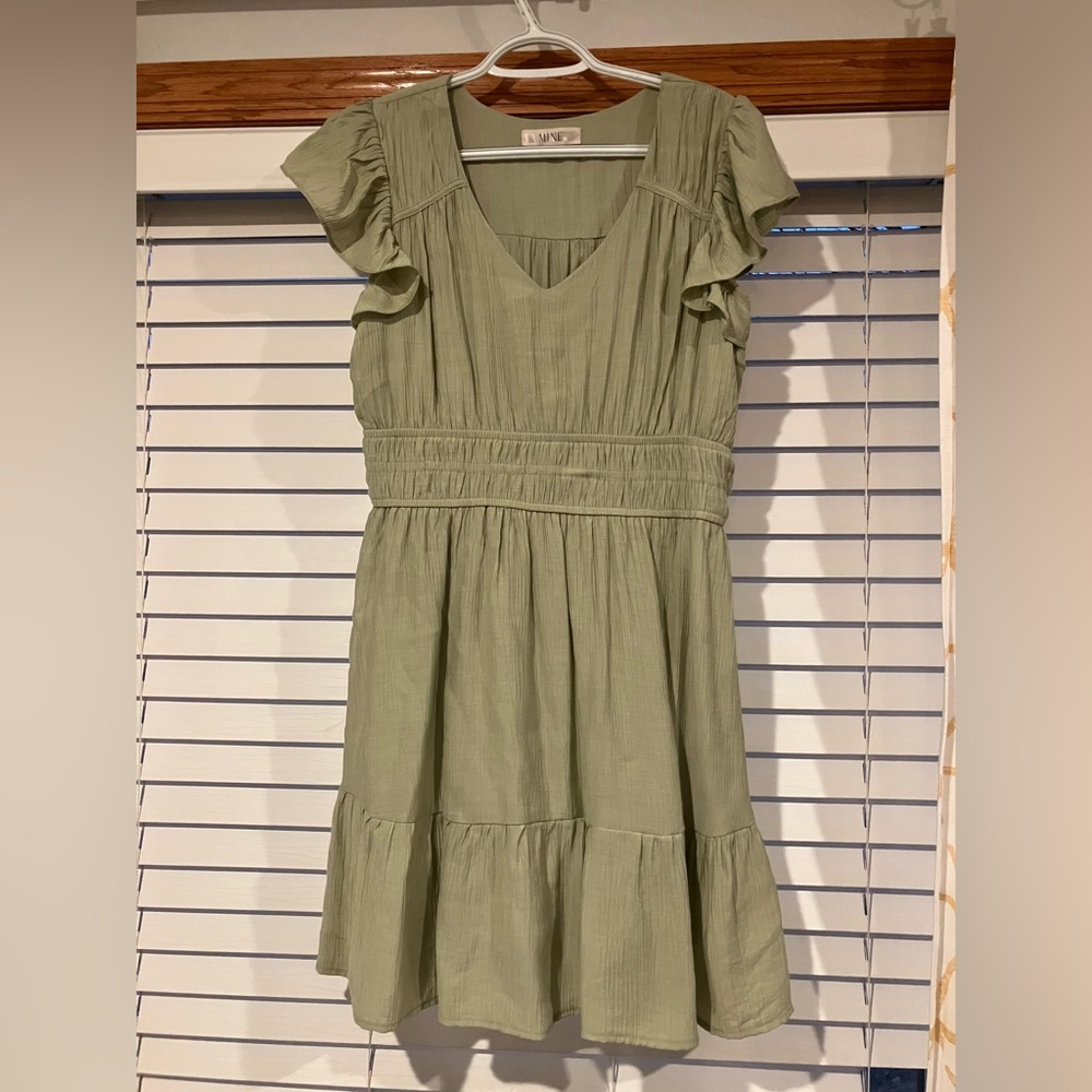 Mine Olive Green Midi Dress with Ruffle Sleeves